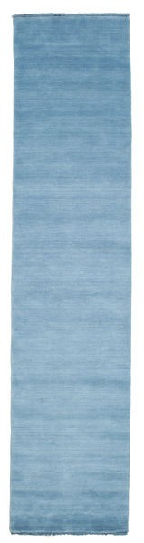  80X350 Plain (Single Colored) Small Handloom Fringes Rug - Light Blue Wool