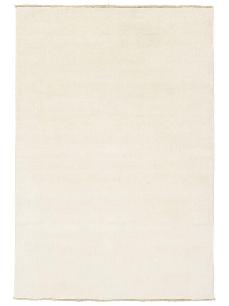  100X160 Plain (Single Colored) Small Handloom Fringes Rug - Ivory White Wool