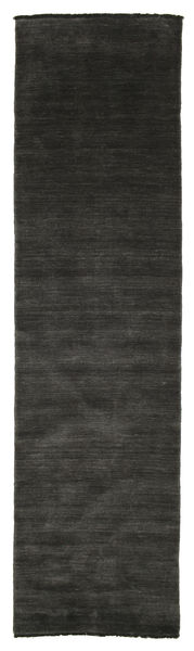  80X300 Plain (Single Colored) Small Handloom Fringes Rug - Black/Grey Wool