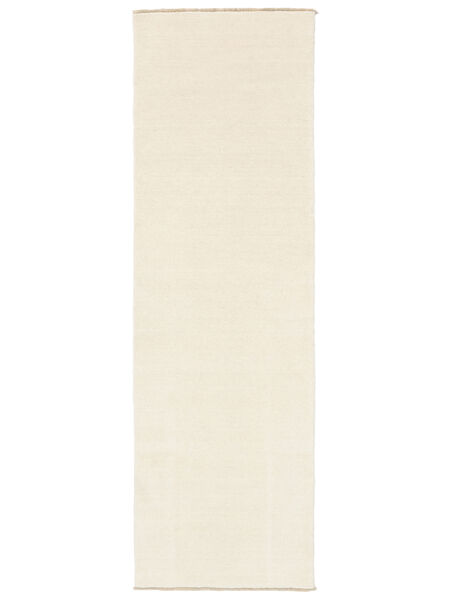 80X200 Plain (Single Colored) Small Handloom Fringes Rug - Ivory White Wool
