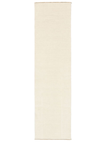 80X300 Plain (Single Colored) Small Handloom Fringes Rug - Ivory White Wool