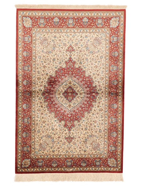 絨毯 ペルシャ クム シルク 署名: クム Kazemi 98X149 茶色/ダークレッド (絹, ペルシャ/イラン)