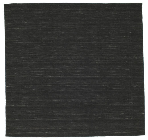 Kelim Loom 200X200 Zwart Eén Kleur Vierkant Wol Vloerkleed