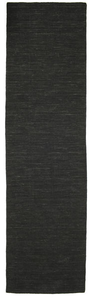  80X300 Plain (Single Colored) Small Kilim Loom Rug - Black Wool