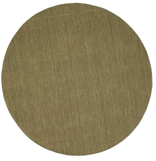 Kelim Loom Ø 250 Large Olive Green Plain (Single Colored) Round Wool Rug 