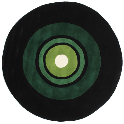 Schallplatte Handtufted Ø 150 小 ブラック/グリーン 点々 ラウンド ウール 絨毯