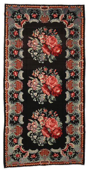  Orientalischer Kelim Rosen Moldavia Teppich 187X347 Schwarz/Dunkelrot Wolle, Moldawien Carpetvista
