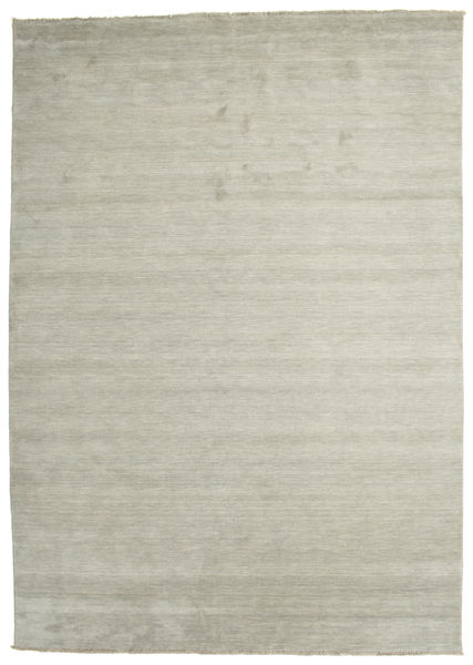 Handloom Fringes 250X350 Large Light Green/Grey Plain (Single Colored) Wool Rug