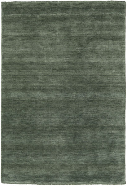 140X200 Plain (Single Colored) Small Handloom Fringes Rug - Forest Green Wool