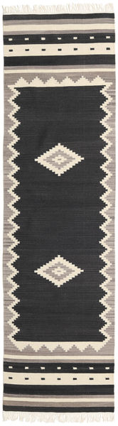 Tribal 80X300 Small Black Medallion Runner Wool Rug
