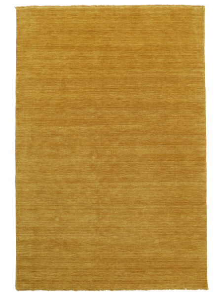  100X160 Plain (Single Colored) Small Handloom Fringes Rug - Mustard Yellow Wool