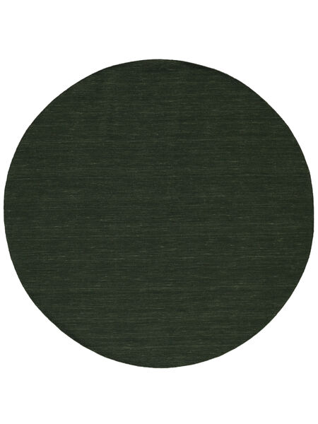 Kelim Loom Ø 250 Large Forest Green Plain (Single Colored) Round Wool Rug
