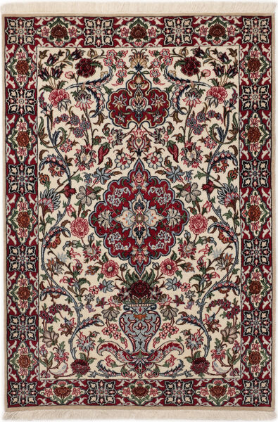 83X117 絨毯 イスファハン 絹の縦糸 オリエンタル ベージュ/レッド (ペルシャ/イラン)