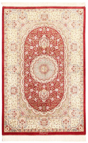  Orientalischer Ghom Seide Teppich 96X144 Beige/Rot Seide, Persien/Iran