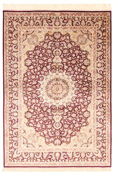 138X200 絨毯 クム シルク オリエンタル ベージュ/オレンジ (絹, ペルシャ/イラン)