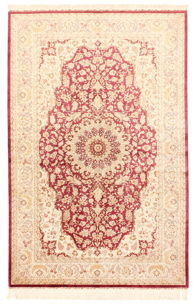 132X201 絨毯 クム シルク オリエンタル ベージュ/レッド (絹, ペルシャ/イラン)