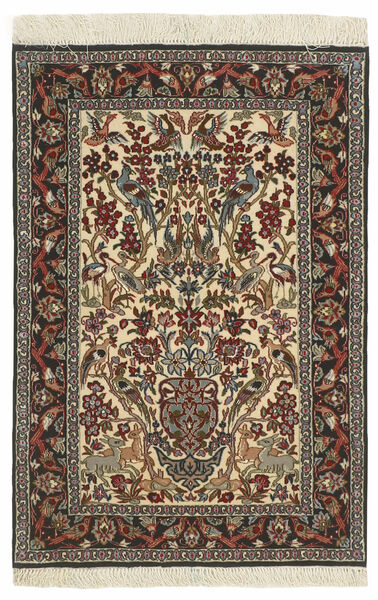 72X110 絨毯 オリエンタル イスファハン 絹の縦糸 茶色/ブラック ( ペルシャ/イラン)