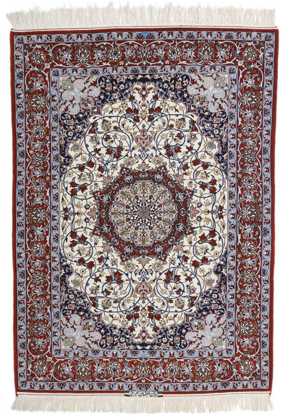113X158 絨毯 イスファハン 絹の縦糸 署名 Intashari オリエンタル グレー/ベージュ (ペルシャ/イラン)