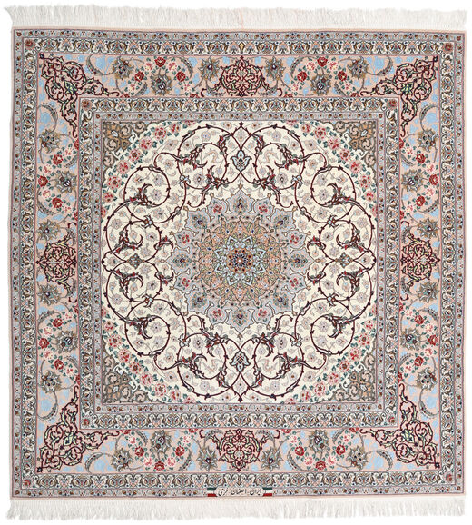 絨毯 オリエンタル イスファハン 絹の縦糸 署名: Khazimi 200X205 正方形 ベージュ/グレー (ウール, ペルシャ/イラン)