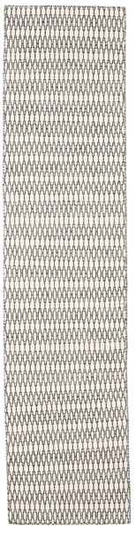  80X340 Cor Única Pequeno Kilim Long Stitch Tapete - Branco Creme/Preto Lã
