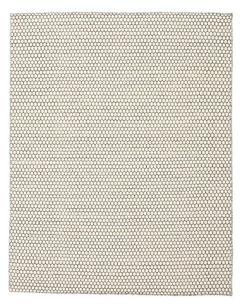  190X240 Plain (Single Colored) Kilim Honey Comb Rug - Cream White/Black Wool