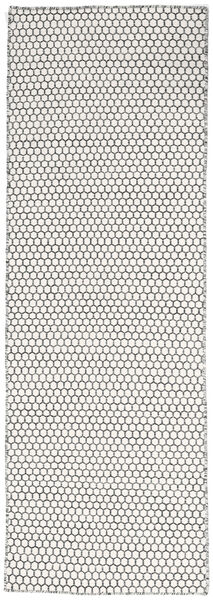  80X340 Plain (Single Colored) Small Kilim Honey Comb Rug - Cream White/Black Wool