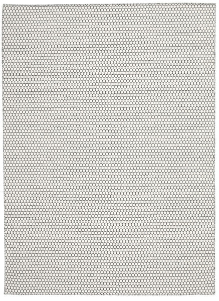  210X290 Plain (Single Colored) Kilim Honey Comb Rug - Cream White/Black Wool