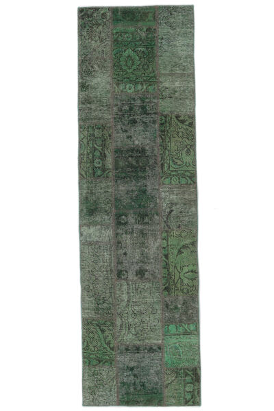 75X256 絨毯 パッチワーク モダン 廊下 カーペット ブラック/ダークグリーン (ウール, ペルシャ/イラン) Carpetvista