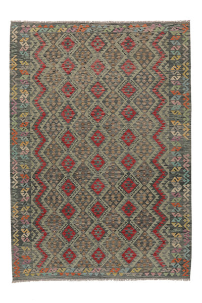 絨毯 キリム アフガン オールド スタイル 207X294 ブラック/茶色 (ウール, アフガニスタン)
