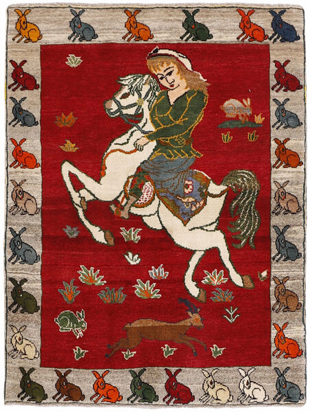  110X148 Kashghai Old Figuratief/Geïllustreerd Vloerkleed Donkerrood/Oranje Perzië/Iran