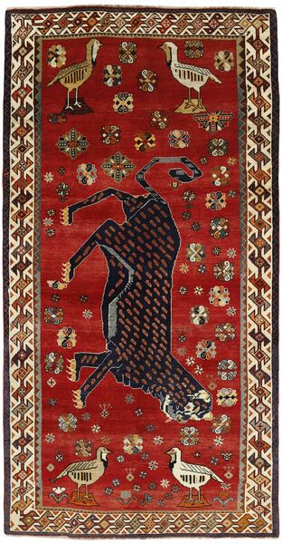 148X290 Kashghai Old Figuratief/Geïllustreerd Vloerkleed Oosters Donkerrood/Zwart (Wol, Perzië/Iran)