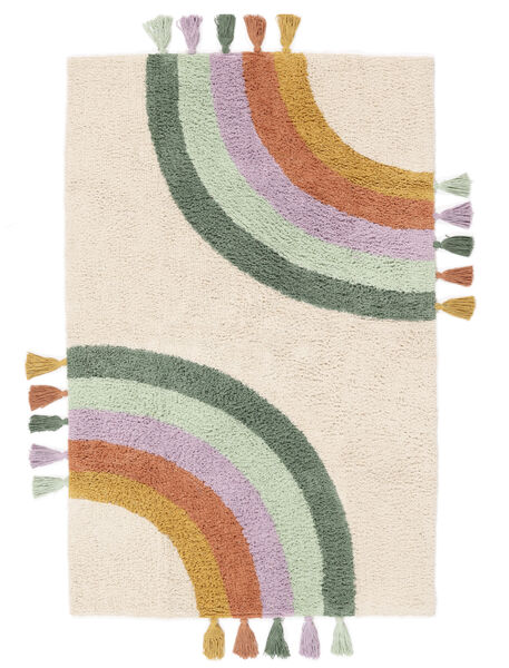 Rainbow キッズカーペット 洗える 100X160 小 オフホワイト/マルチカラー 綿 ラグ 絨毯