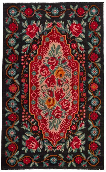 195X318 Tapete Oriental Rose Kilim Old Preto/Vermelho Escuro (Lã, Moldávia)