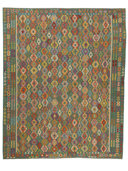 Tapete Kilim Afegão Old Style 401X498 Verde Escuro/Castanho Grande (Lã, Afeganistão)