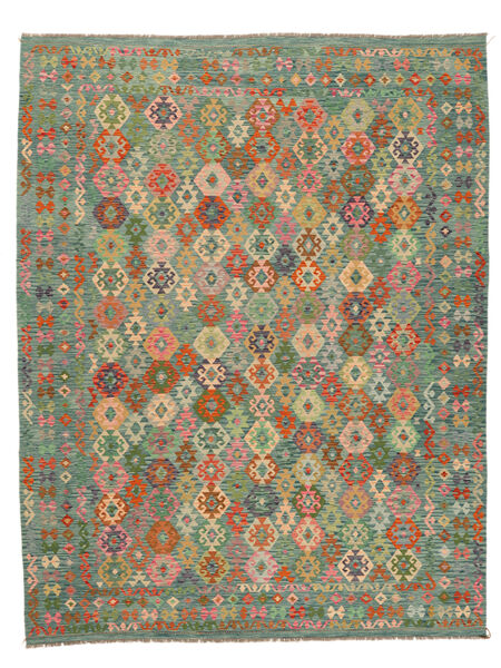 316X403 Kelim Afghan Old Stil Teppich Orientalischer Grün/Dunkelgrün Großer (Wolle, Afghanistan) Carpetvista