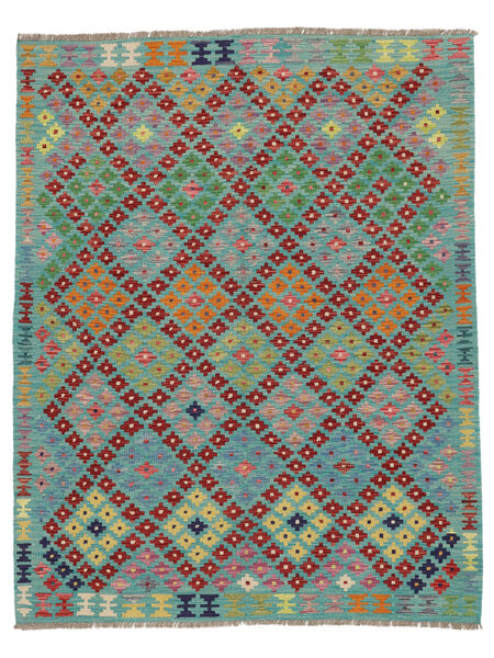  158X201 Kelim Afghan Old Stil Teppich Grün/Dunkelrot Afghanistan Carpetvista
