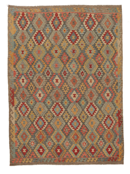 Tapete Kilim Afegão Old Style 261X358 Castanho/Vermelho Escuro Grande (Lã, Afeganistão)