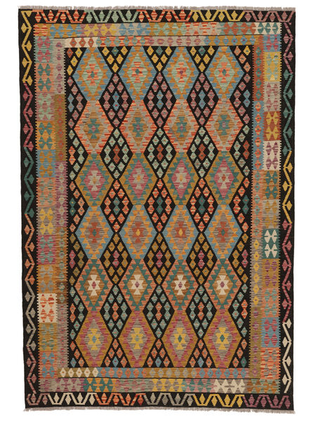 206X301 Kelim Afghan Old Style Matta Orientalisk Brun/Svart (Ull, Afghanistan) Carpetvista