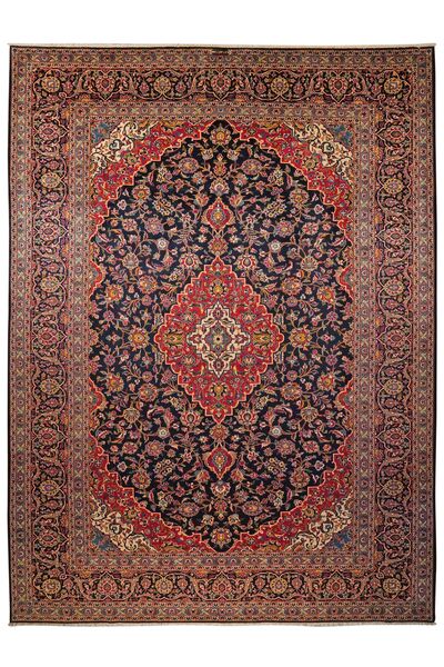 297X401 Tapete Kashan Oriental Preto/Vermelho Escuro Grande (Lã, Pérsia/Irão)