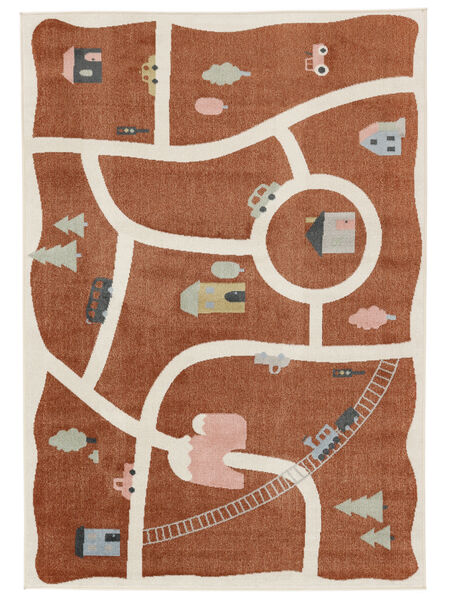  140X200 Washable Kids Rug Small Road Map - Rust Red/Multicolor