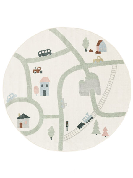  Washable Kids Rug Ø 150 Road Map White/Multicolor Round Small