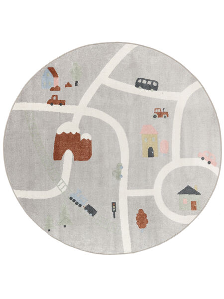  Washable Kids Rug Ø 150 Road Map Light Grey/Multicolor Round Small