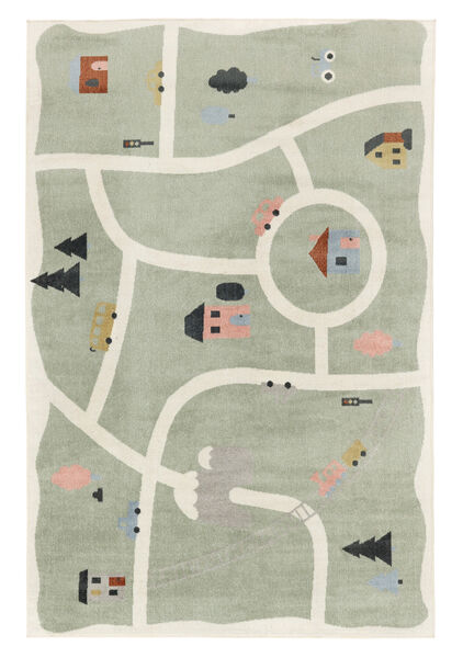  100X160 Washable Kids Rug Small Road Map - Green/Multicolor