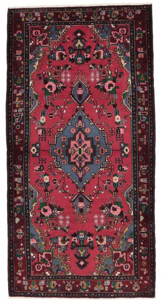 135X270 Alfombra Oriental Hamadan De Pasillo Negro/Rojo Oscuro (Lana, Persia/Irán)