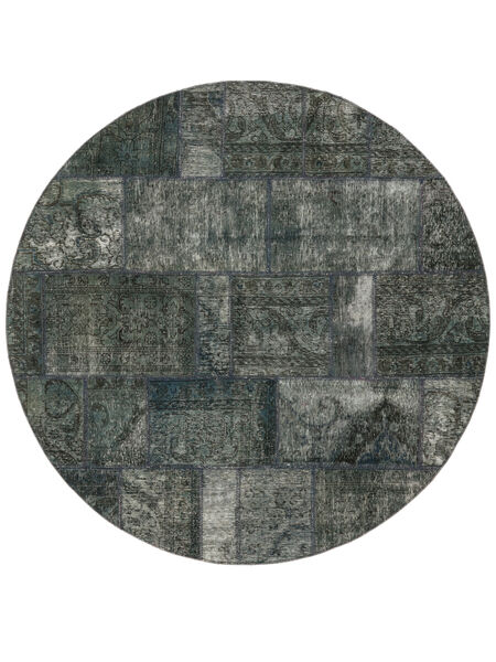 Patchwork Rug Ø 200 Round Black/Dark Green Wool, Persia/Iran Carpetvista