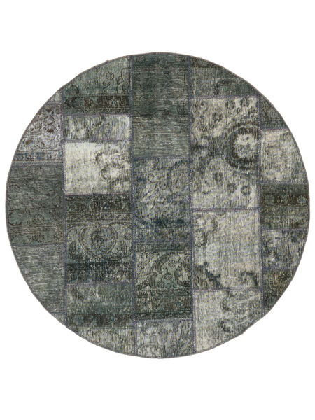  Patchwork Rug Ø 150 Vintage Persian Wool Black/Dark Grey Small Carpetvista