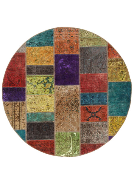  Ø 150 Tapete Patchwork Moderno Redondo Preto/Vermelho Escuro (Lã, Pérsia/Irão) Carpetvista