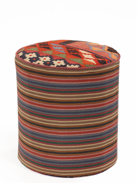  Ø 45 Kelim Pouf/Stool Vloerkleed Oosters Rond Donkerrood/Zwart (Wol, Perzië/Iran) Carpetvista