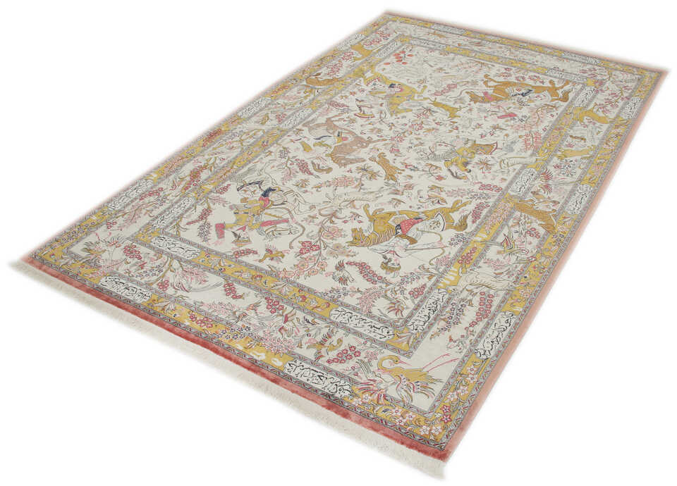 Tapis soie Ghom soie Iran 125cm par 80cm Dessin floral Roses fond Beige