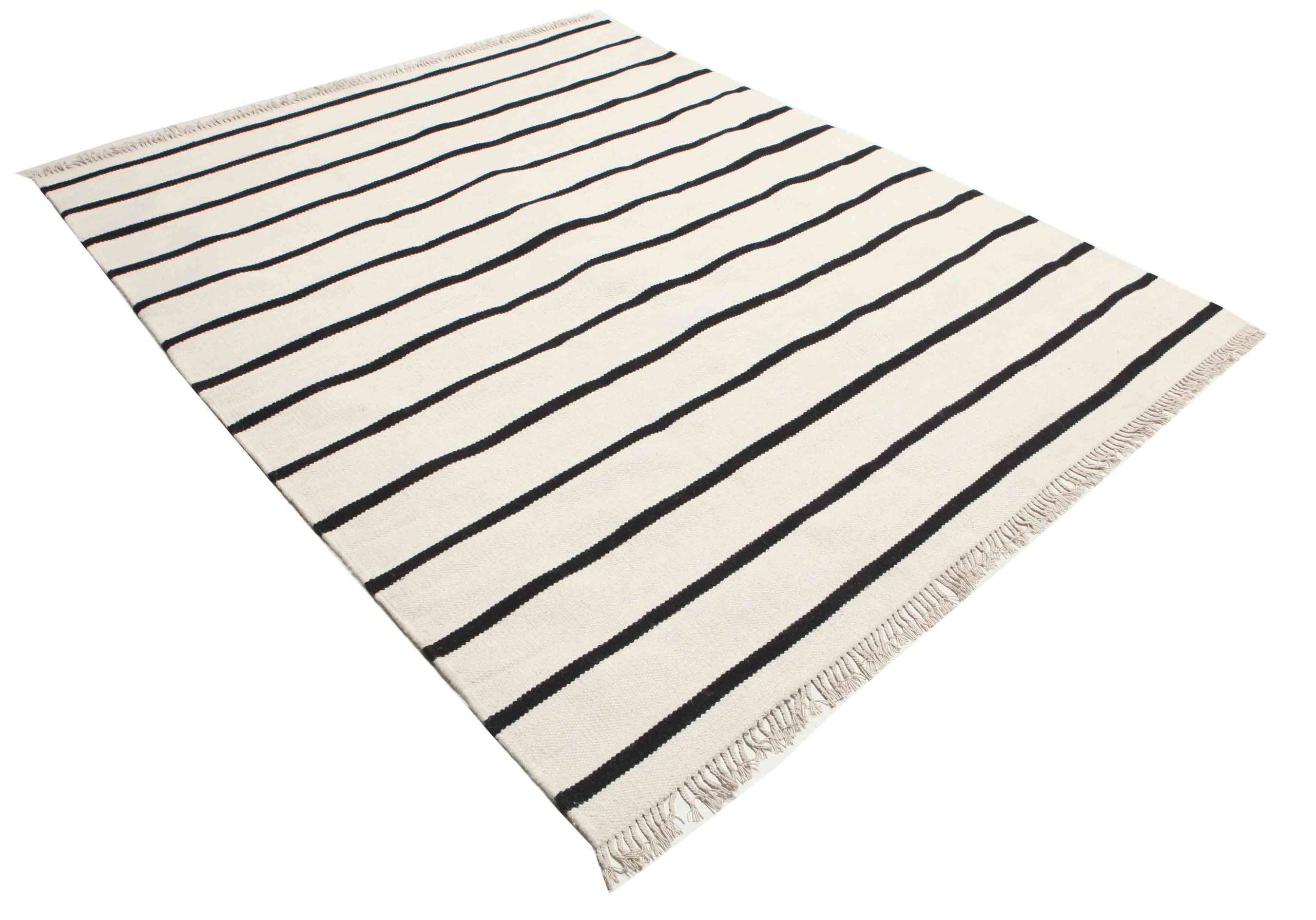 Dhurrie Stripe White / Black 200 x 250 cm Wool Rug Rugvista